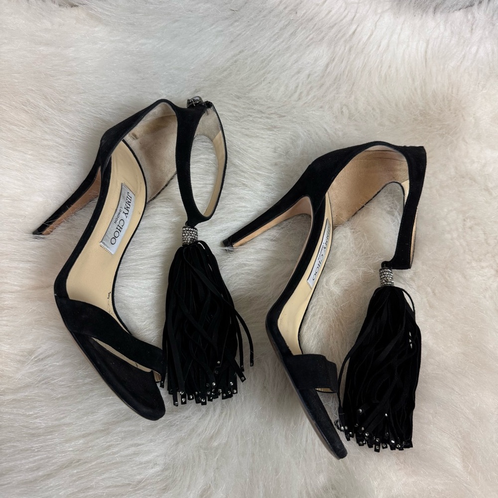 Jimmy Choo Viola Suede Fringe Rhinestone Sandal Heels - Picture 7 of 13